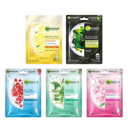 Garnier Sheet Mask Combo Pack of 5 - Charcoal + Sakura White + Light Complete + Green Tea + Hydrabomb
